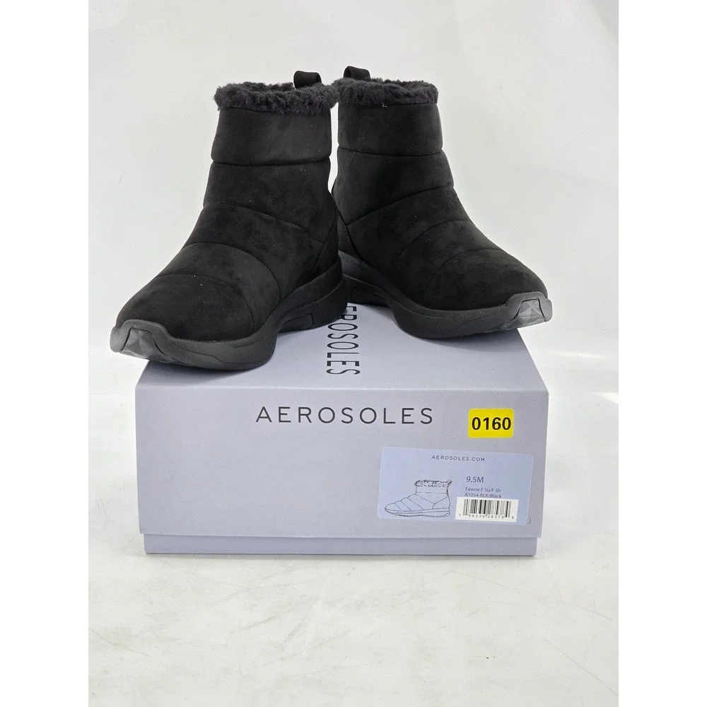 Aerosoles Fawne Ankle Boots Womens 9.5 Black Faux Suede Shearling Trim - New